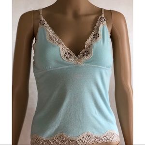 Low Cut V-Neck Blue & Cream Lace Strong Tank Top